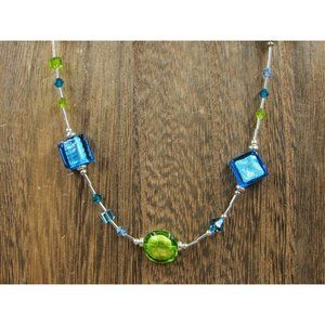 18 Inch Sterling Silver Blue And Green Glass Odd Necklace
